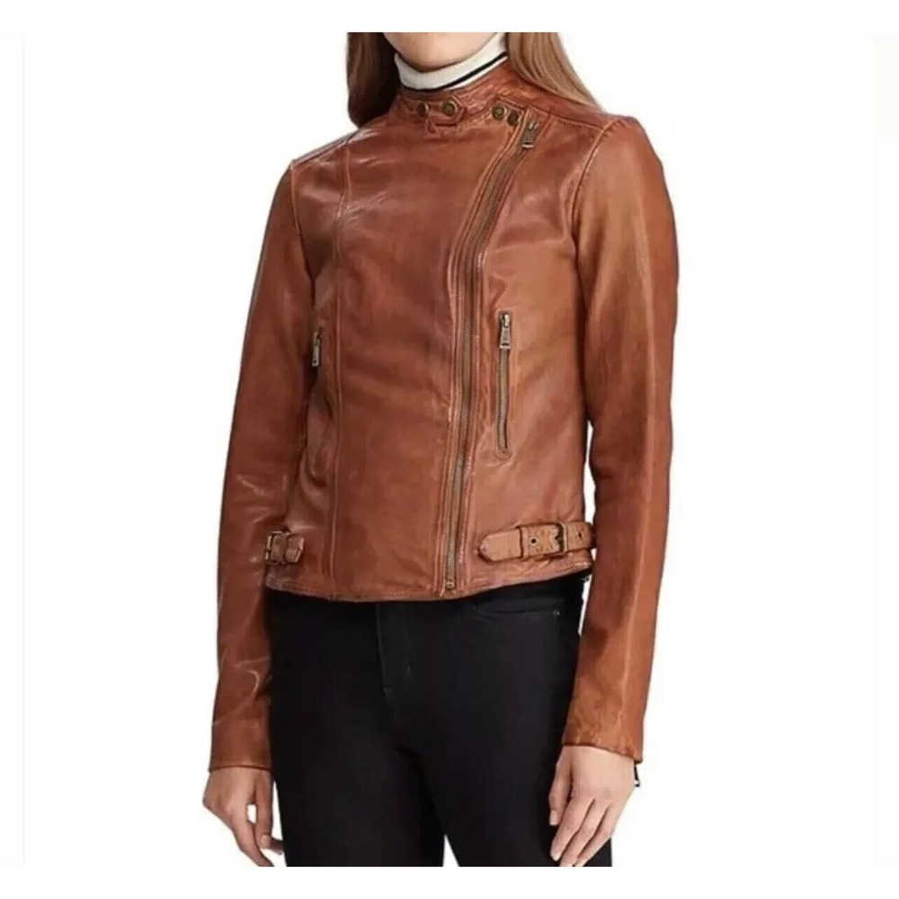 Ralph Lauren women's Brown‎ Tumbled Leather moto Jacket -size 18 - retail $495